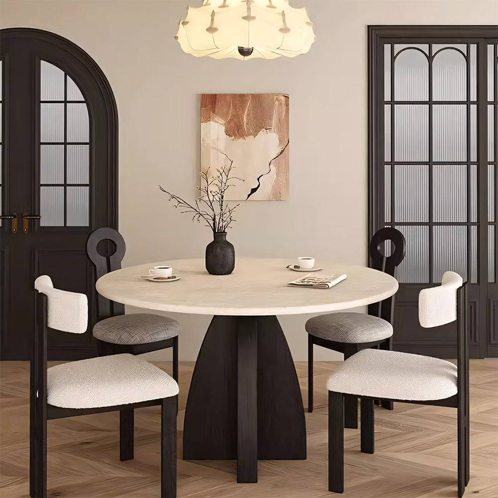 Modern Round Travertine Dining Table Solid Wood Pedestal Base Minimalist Dining Room Table