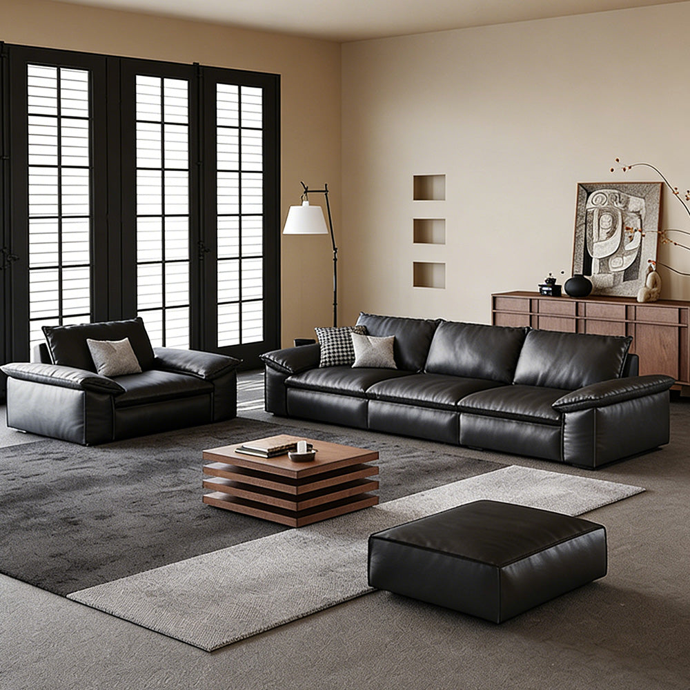 Modern Low Profile Black Leather Straight Sofa Minimalist Wide Arm 4 Seater Couch