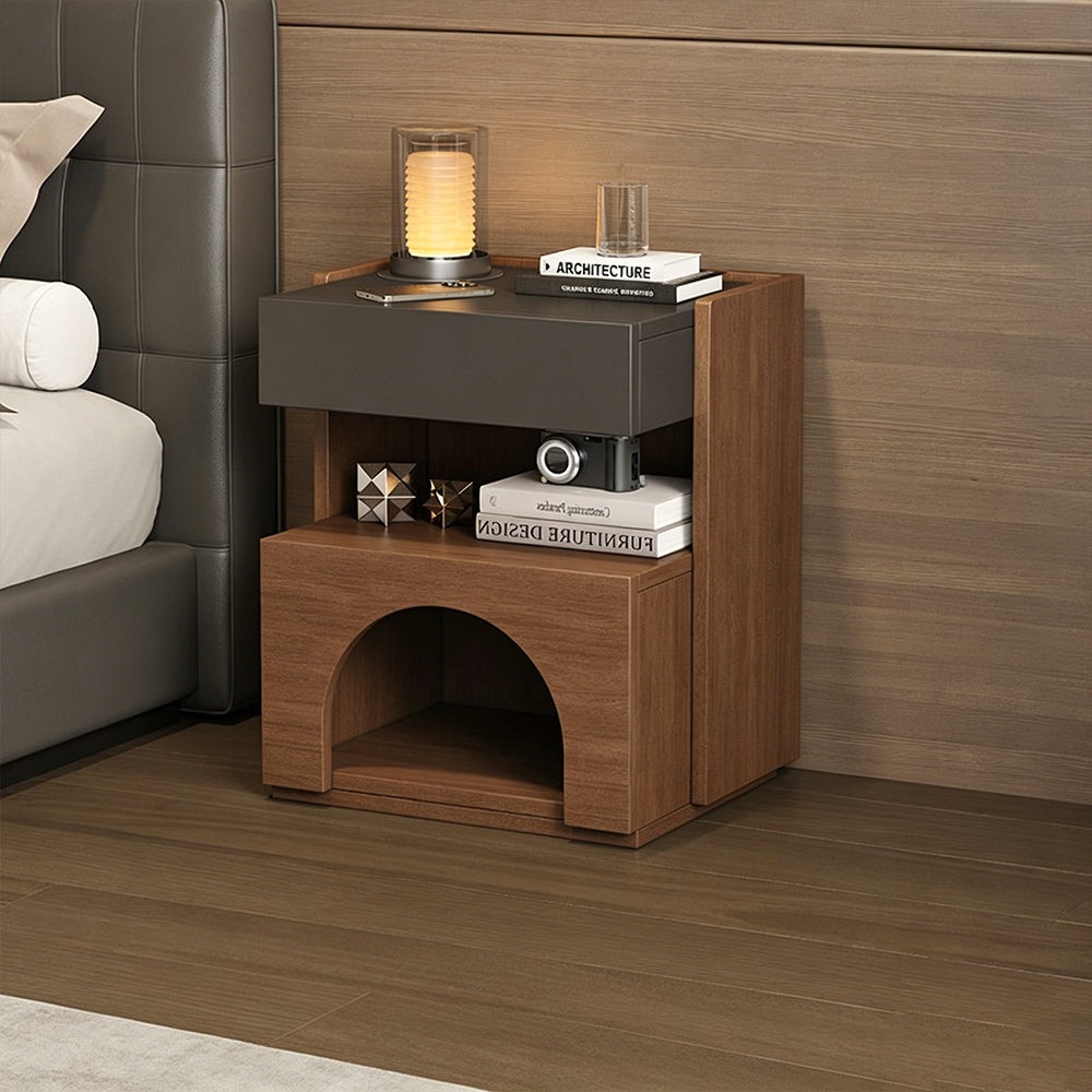 Modern Nightstand with Drawer and Open Shelf Wooden Bedside Table with Built-in Pet House Contemporary Storage Cabinet