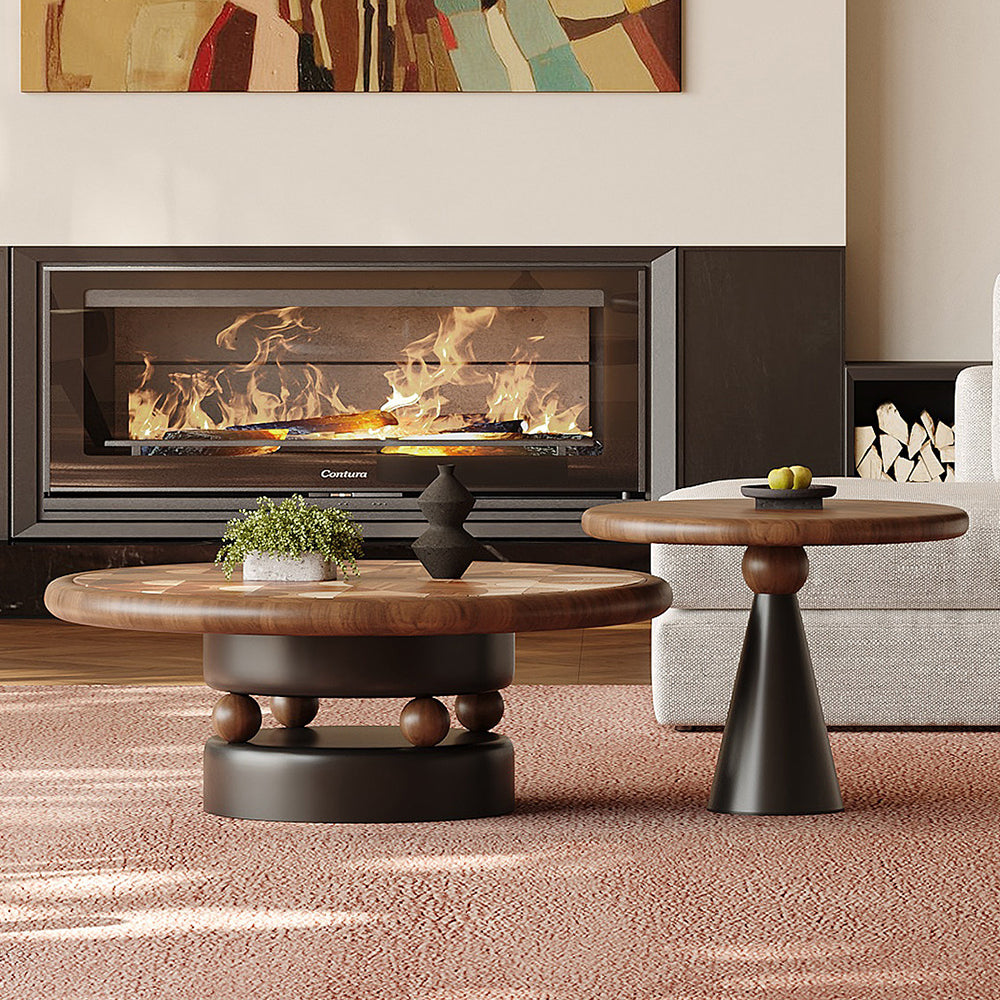 Modern Round Nesting Coffee Table Set Artistic Wood Grain Accent Tea Table