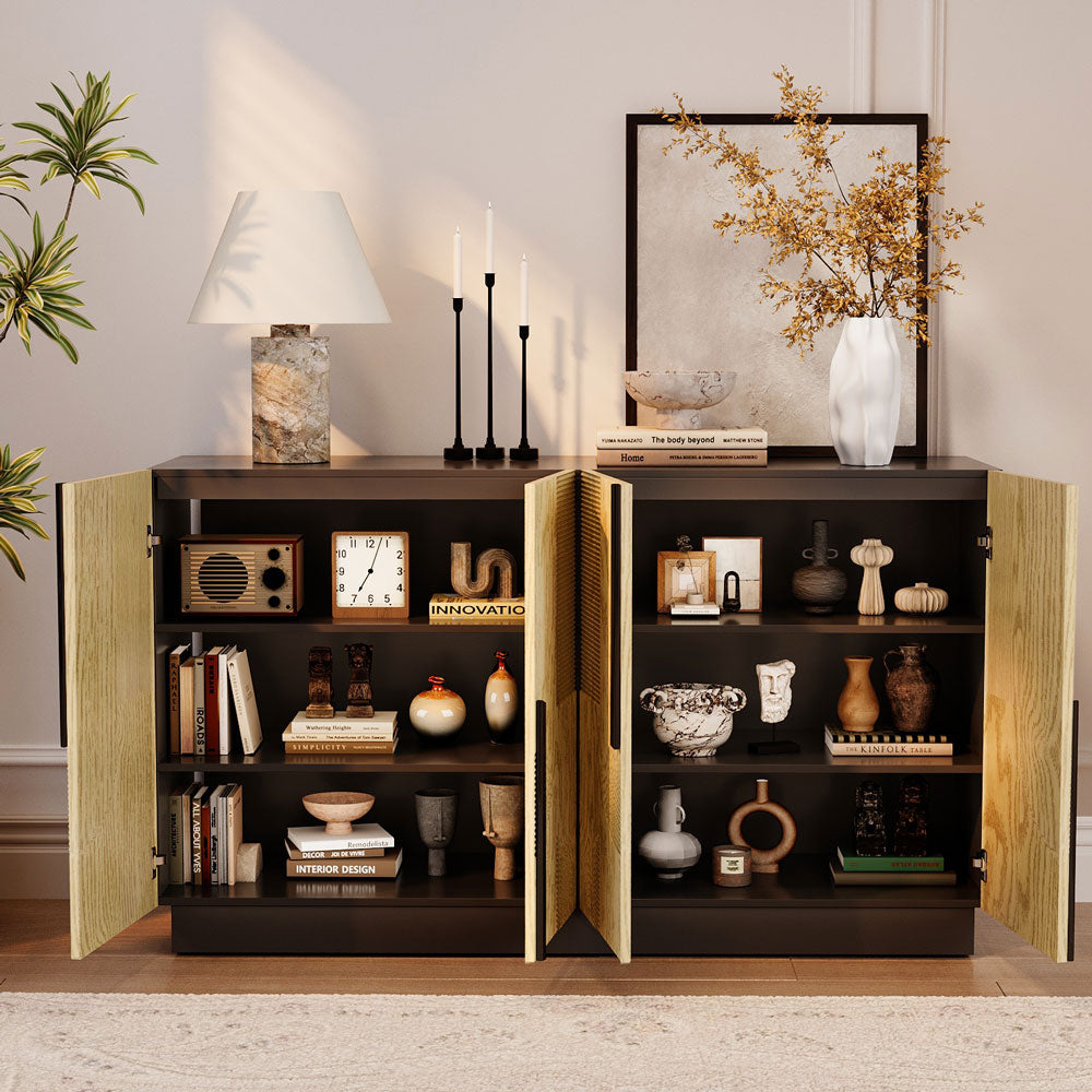 55.1'' Modern Fluted Wood Sideboard Cabinet with Sculptural Geometric Doors Black Base & Ample Storage for Dining & Living Room