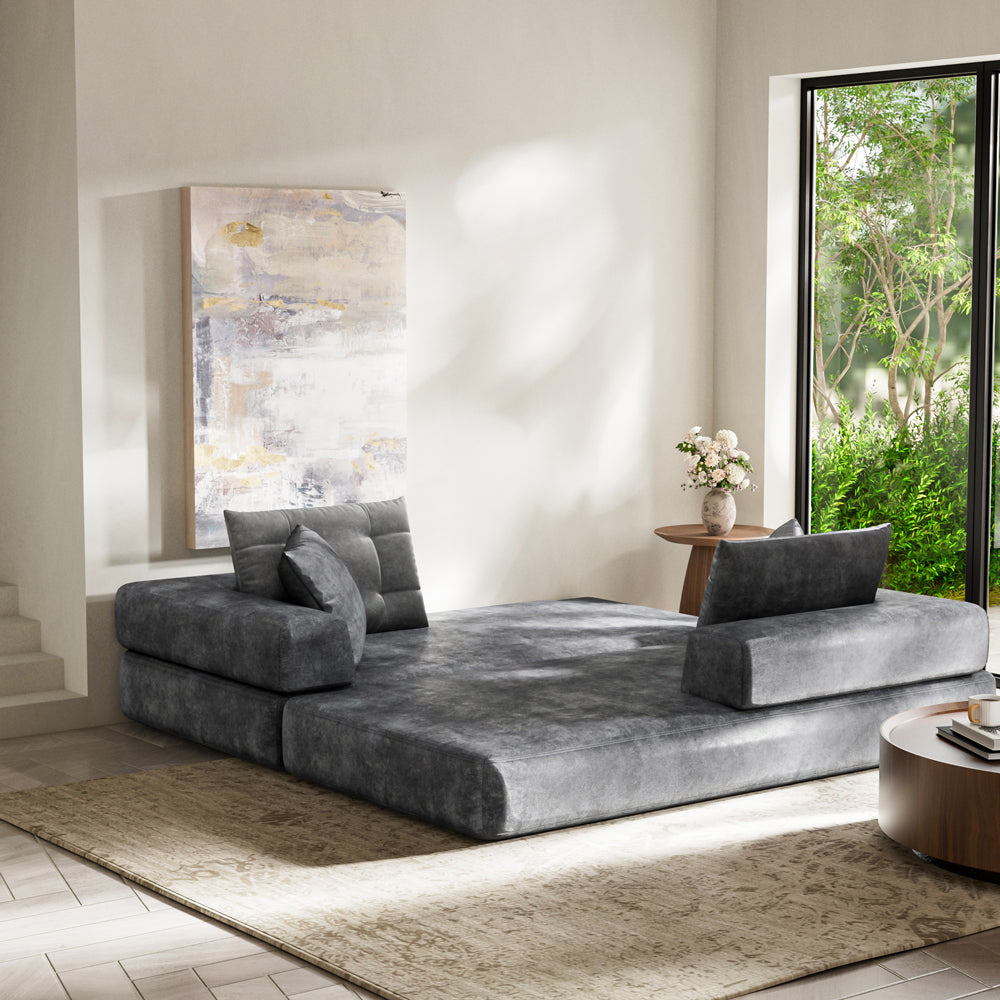70''-78''Convertible Sofa Bed Tufted Cushion Armrest Foldable Design in Grey Fabric Upholstery