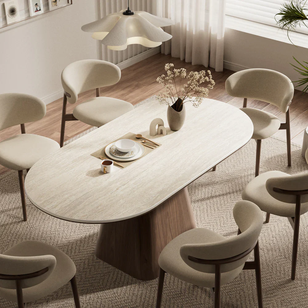 Oval Dining Table Solid Wood Walnut Veneer Base Scratch Resistant Sintered Stone Top Modern Stylish Design