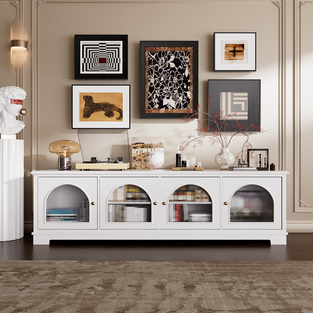 Modern Low-Profile TV Cabinet with Arched Glass Doors Freestanding Storage Console