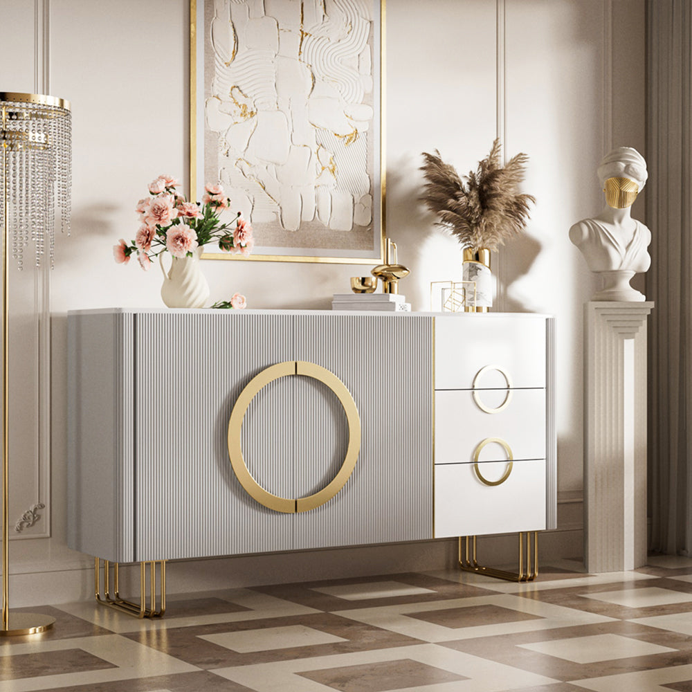 62.4" Sleek Modern White and Gold Buffet Cabinet with Circular Accents