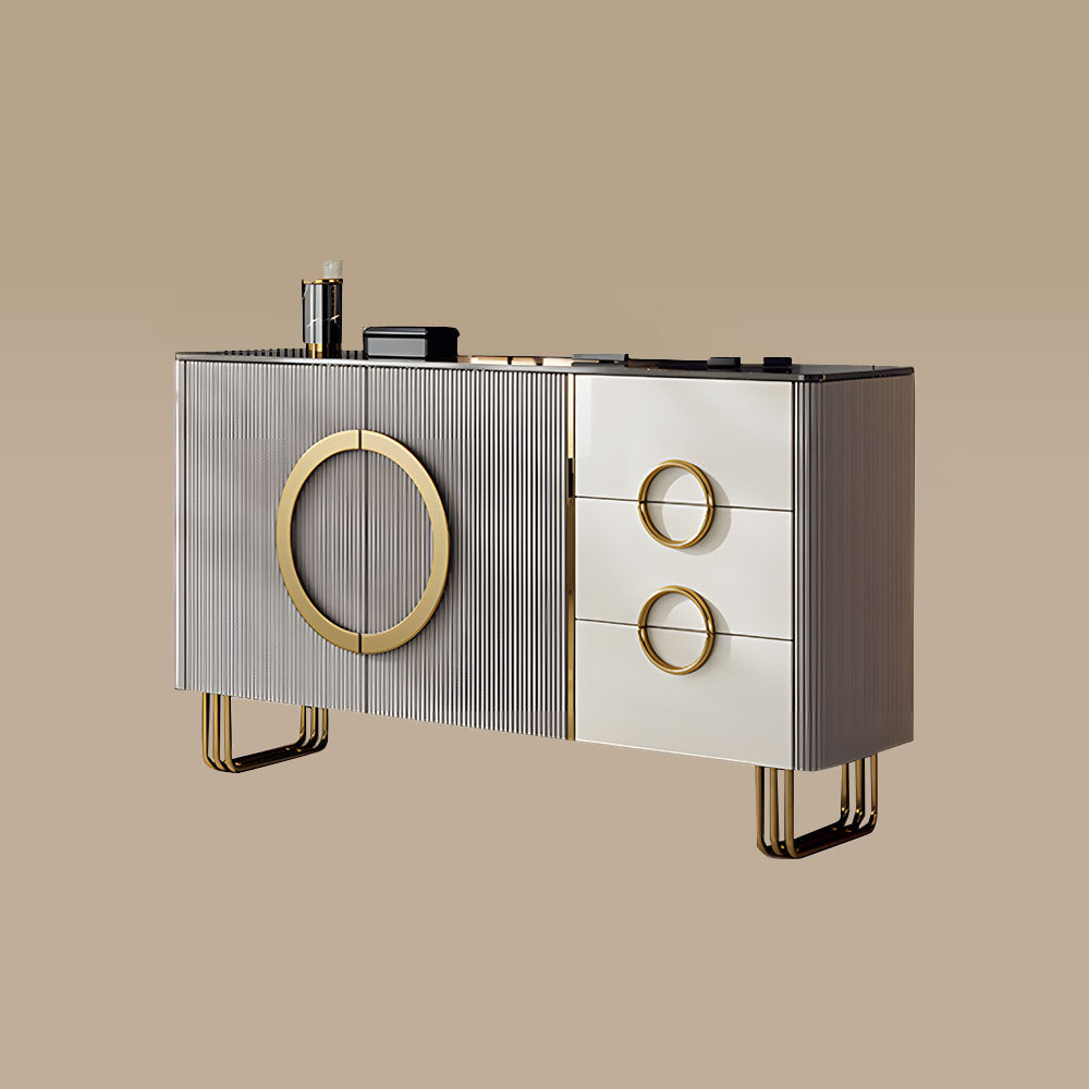 62.4" Sleek Modern White and Gold Buffet Cabinet with Circular Accents