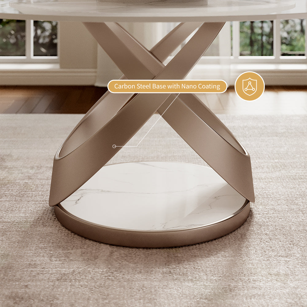 Round Dining Table Lazy Susan Marble Effect Gold X Metal Base Perfect for 4-6 People