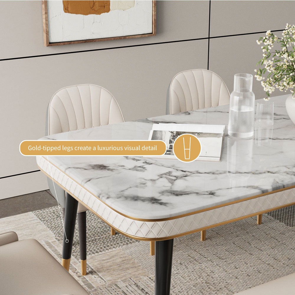 55.11" Dining Table Modern Marble Texture Top Gold-Tipped Legs Elegant Dining Room Furniture