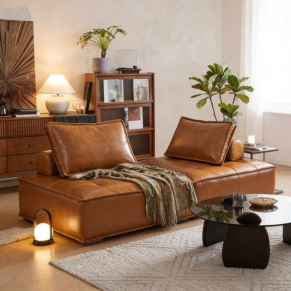 Modern Modular Vintage Leather Sofa Tufted Deep Seat Lounge Sofa Oil Wax Top Grain Leather