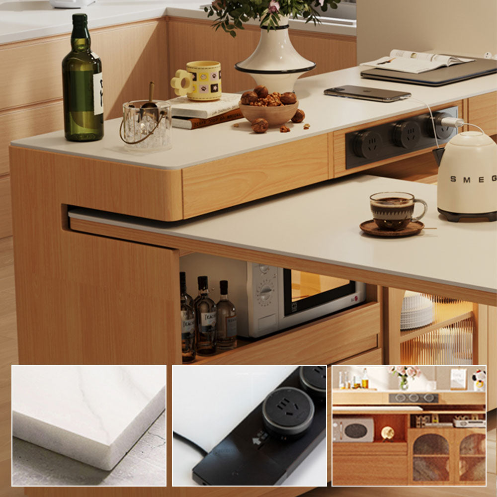 White & Natural Multi-Function Sliding Kitchen Island Storage Power Outlets & Dining in One
