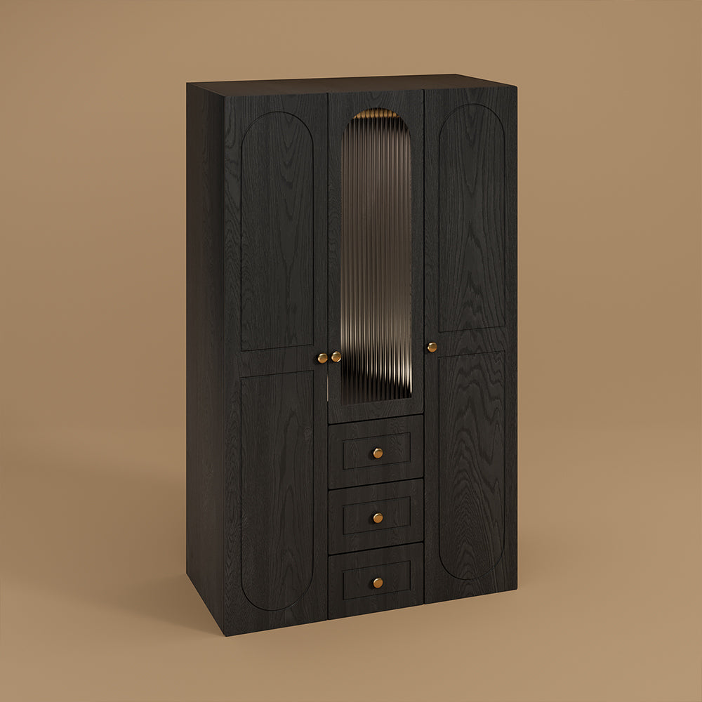 Luxury 3-Door Black Wardrobe with Ribbed Glass Panel Multi-Section Storage with Drawers and Hanging Space