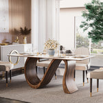 Load image into Gallery viewer, Walnut S-Base Marble-Effect Round Dining Table + White &amp; Gold Circular-Accent Buffet Cabinet Set
