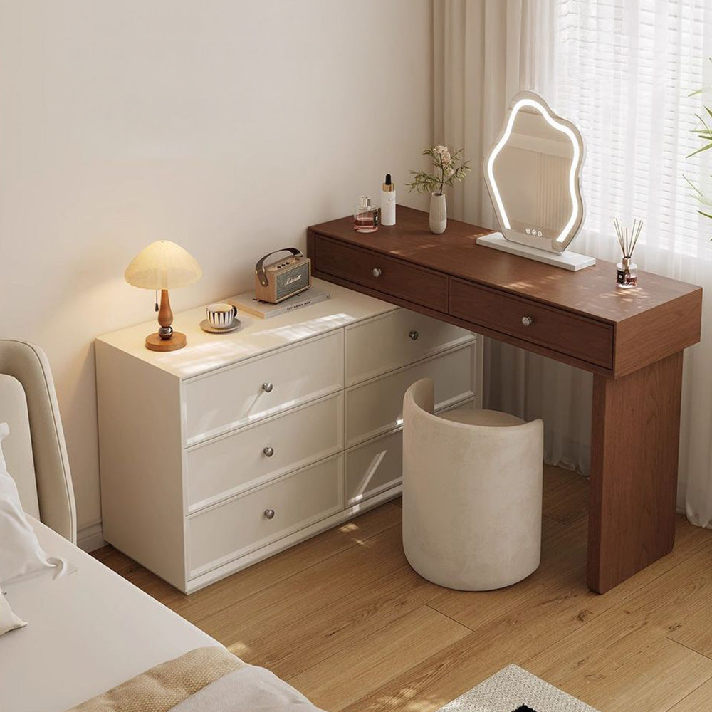 Solid Wood Vanity Desk with Side Cabinet and Upholstered Stool