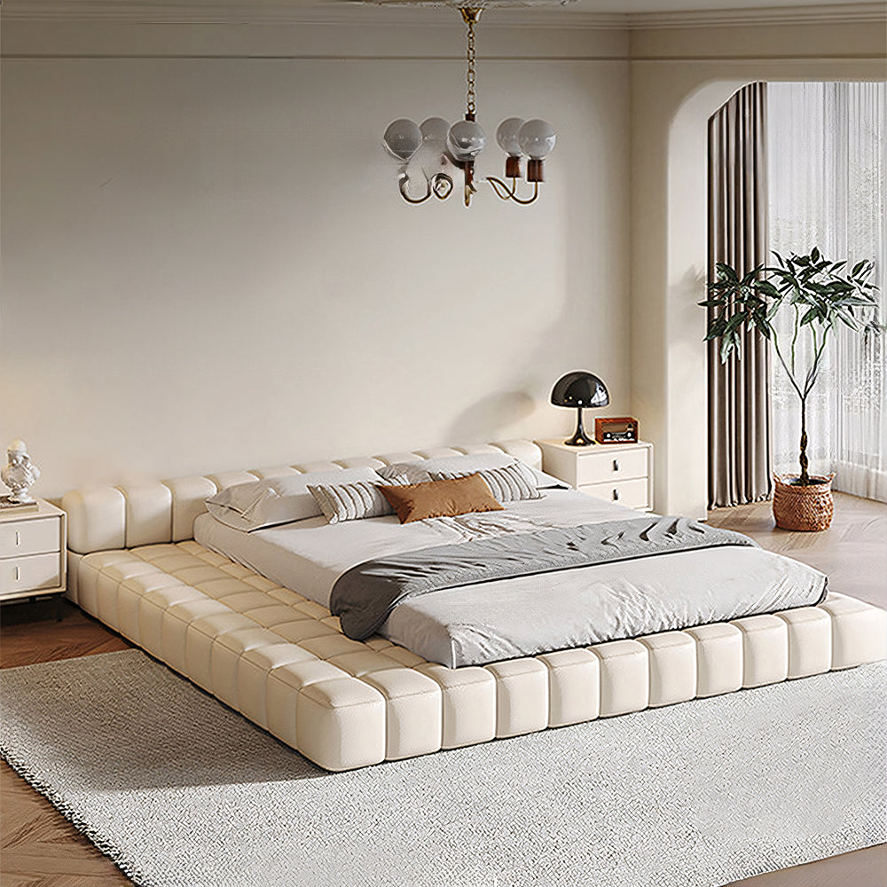 Modern Minimalist Modular Bed with Soft Cushioned Edges Ultra-Fiber Leather Steel-Wood Slatted Frame