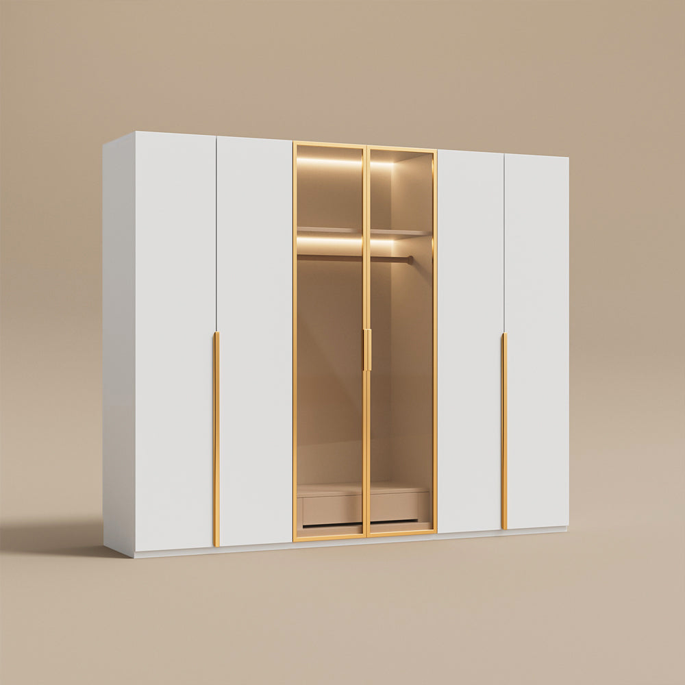 Modern Luxury Six-Door Closet Wardrobe in Champagne Gold and White with Glass Accents & Spacious Storage