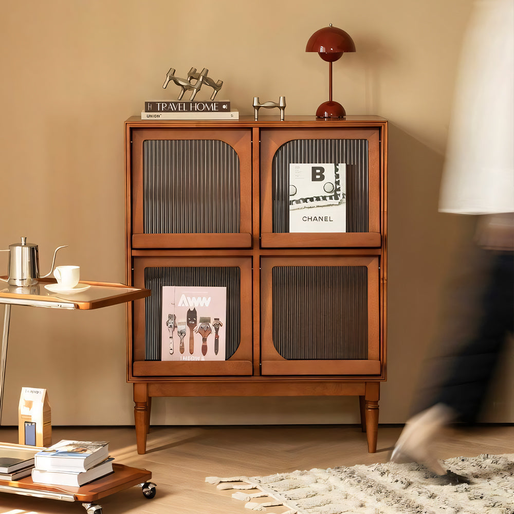 31.5'' Modern Vintage Storage Cabinet Solid Wood Display Cabinet with Fluted Glass Doors and Shelves