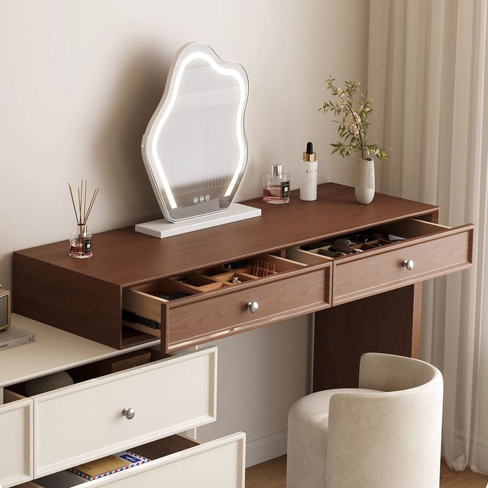 Solid Wood Vanity Desk with Side Cabinet and Upholstered Stool