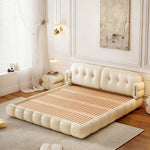 Load image into Gallery viewer, Modern Cream Upholstered Platform Bed Button Tufted Headboard Low Profile Soft Frame Bed with Solid Slat Support
