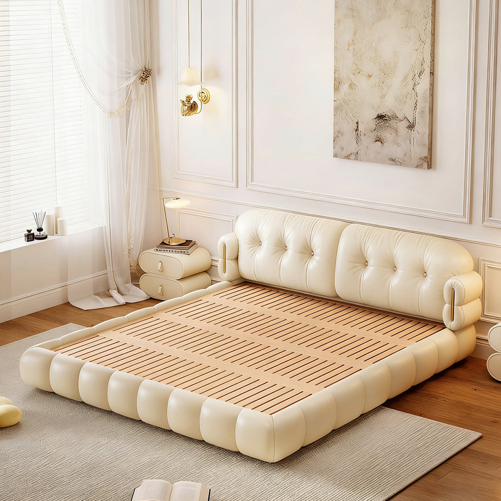 Modern Cream Upholstered Platform Bed Button Tufted Headboard Low Profile Soft Frame Bed with Solid Slat Support