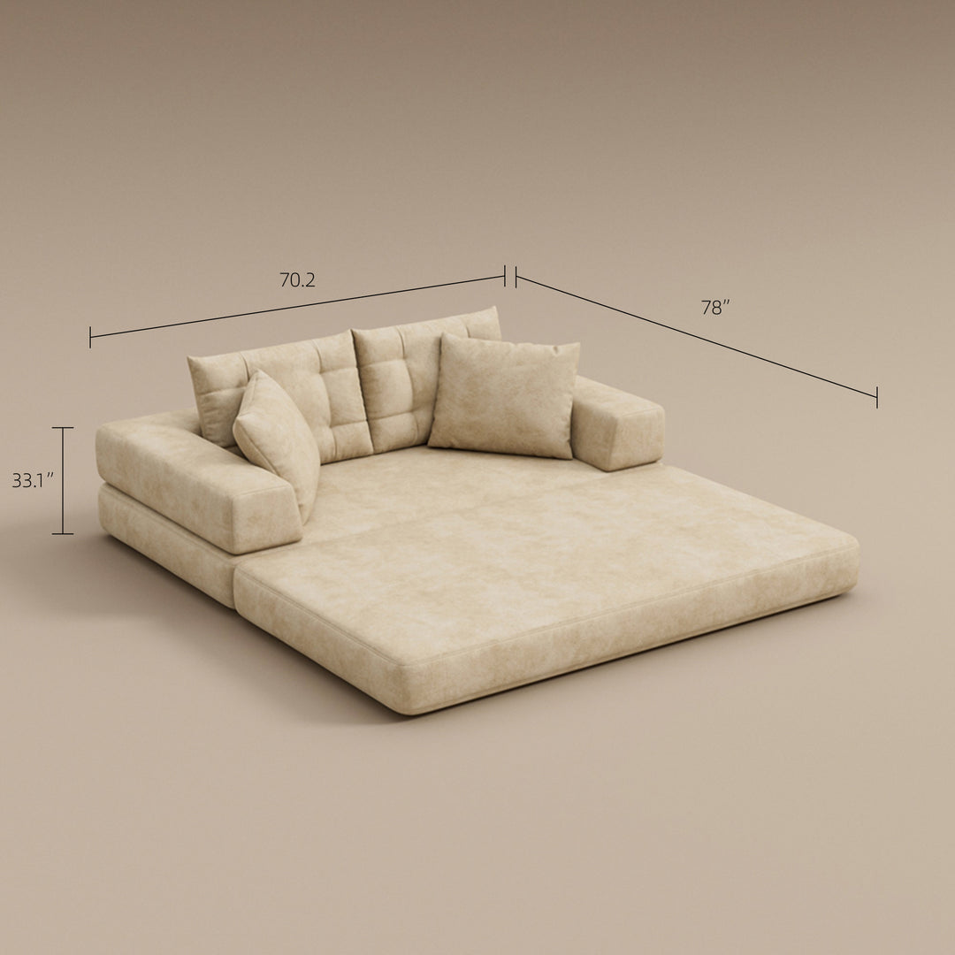 70''-78''Convertible Sofa Bed Tufted Cushion Armrest Foldable Design in Grey Fabric Upholstery
