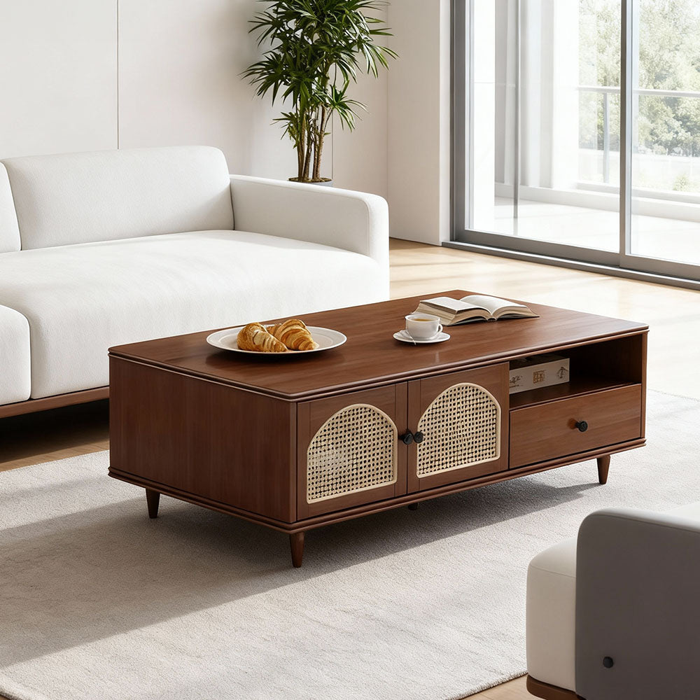 Mid-Century Modern Coffee Table with Cane Doors Elegant Storage & Warm Wood Finish