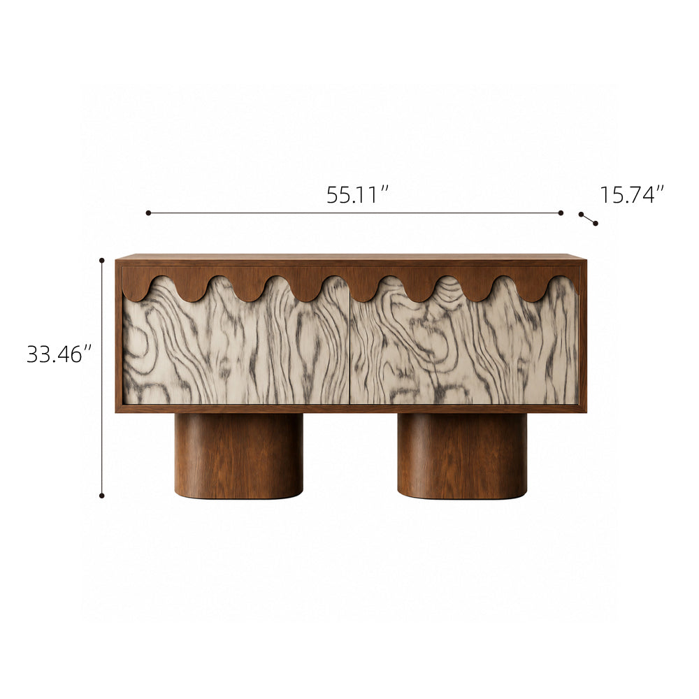 55.1'' Wabi-Sabi Walnut TV Stand with Scalloped Doors Mid Century Modern Media Console