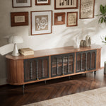 Load image into Gallery viewer, 78&quot; Retro TV Stand Curved Edge Design Arched Glass Doors Long Storage Cabinet Vintage Style Unit
