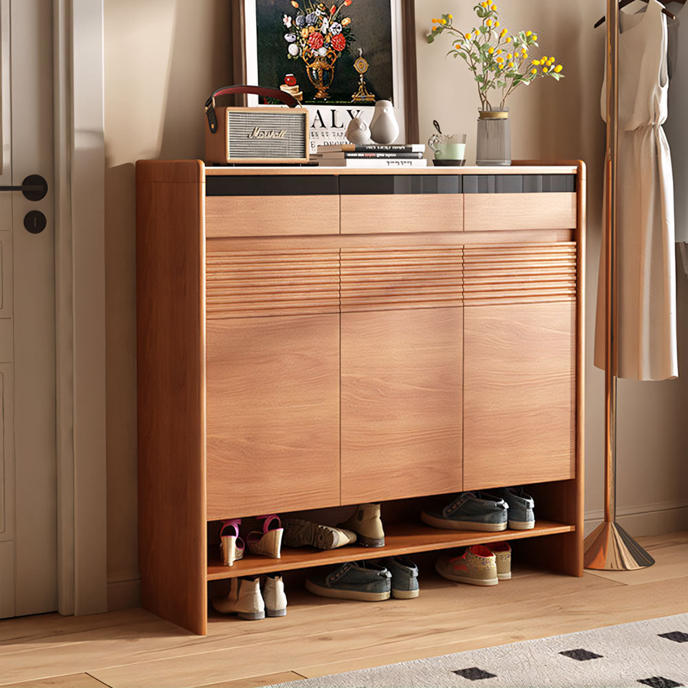 Modern Wood Shoe Cabinet with Doors Natural Entryway Storage Organizer with Open Shelf