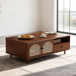 Load image into Gallery viewer, Mid-Century Modern Coffee Table with Cane Doors Elegant Storage &amp; Warm Wood Finish
