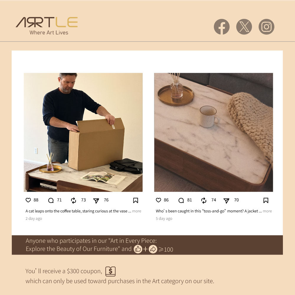 50''Modern Rectangular Coffee Table with Drawers | White Marble Top + Walnut Finish + Hidden Storage