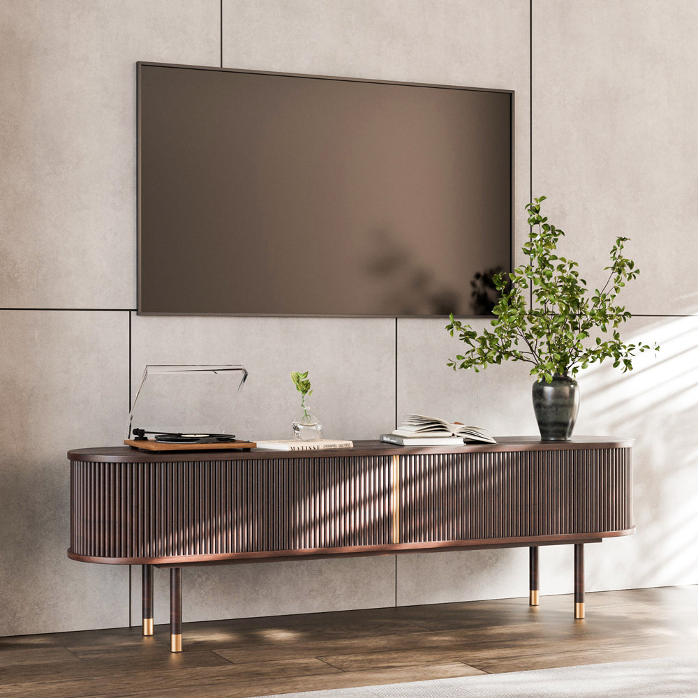70.8" Modern Solid Wood TV Stand with Fluted Doors Minimalist Media Console with Rounded Corners & Gold Accents