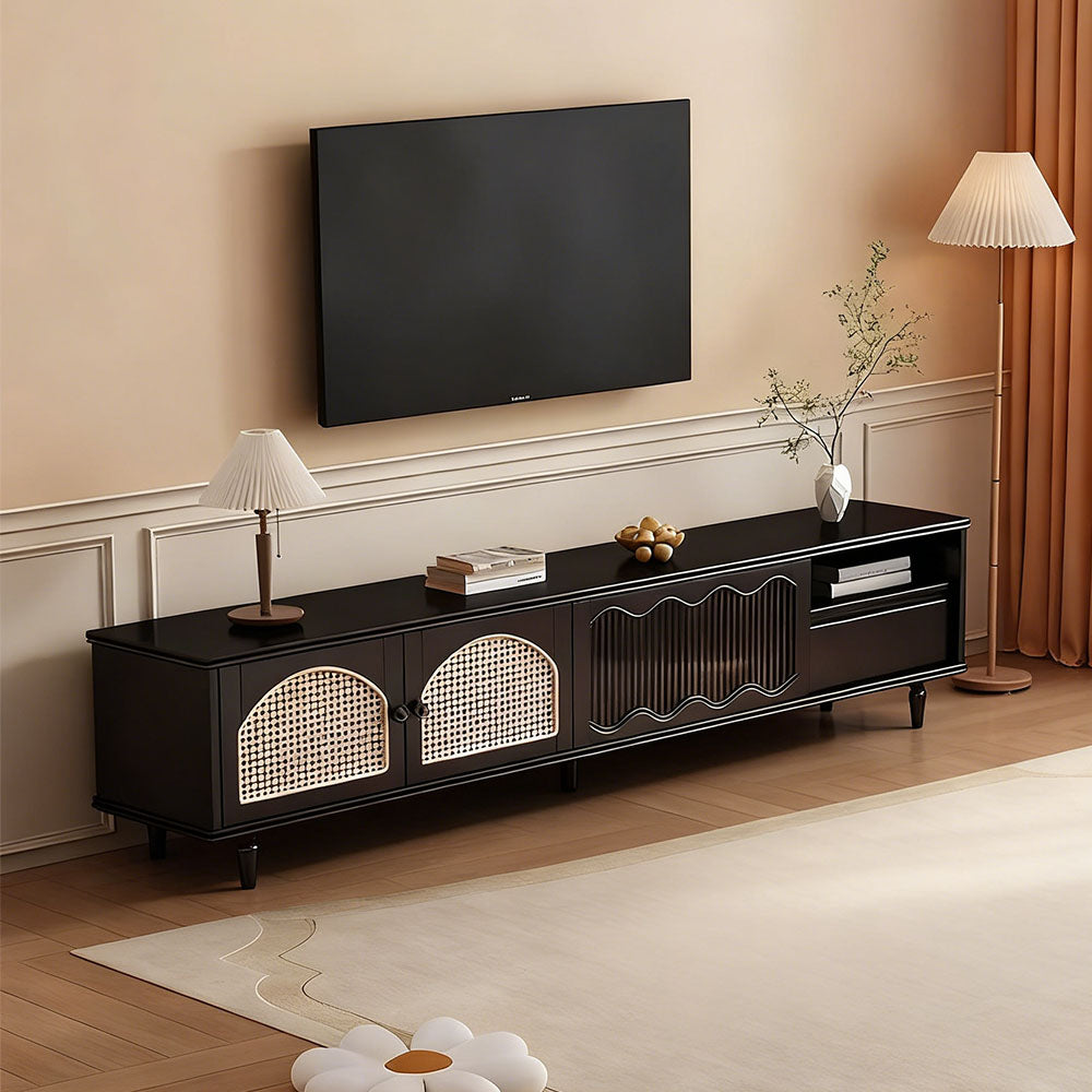 Mid-Century Modern Coffee Table with Cane Doors Elegant Storage & Warm Wood Finish