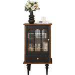 Load image into Gallery viewer, 17&#39;&#39;Vintage Glass Door Cabinet with Arched Panels | Black and Walnut Finish + Turned Legs + Enclosed Storage
