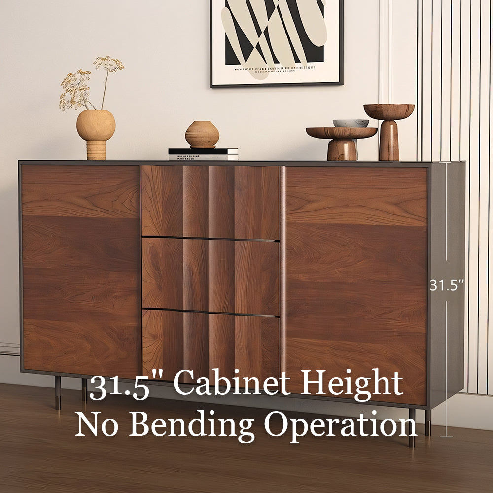 62.9'' Modern Walnut Sideboard Fluted Wood Storage Cabinet with Metal Frame and Doors