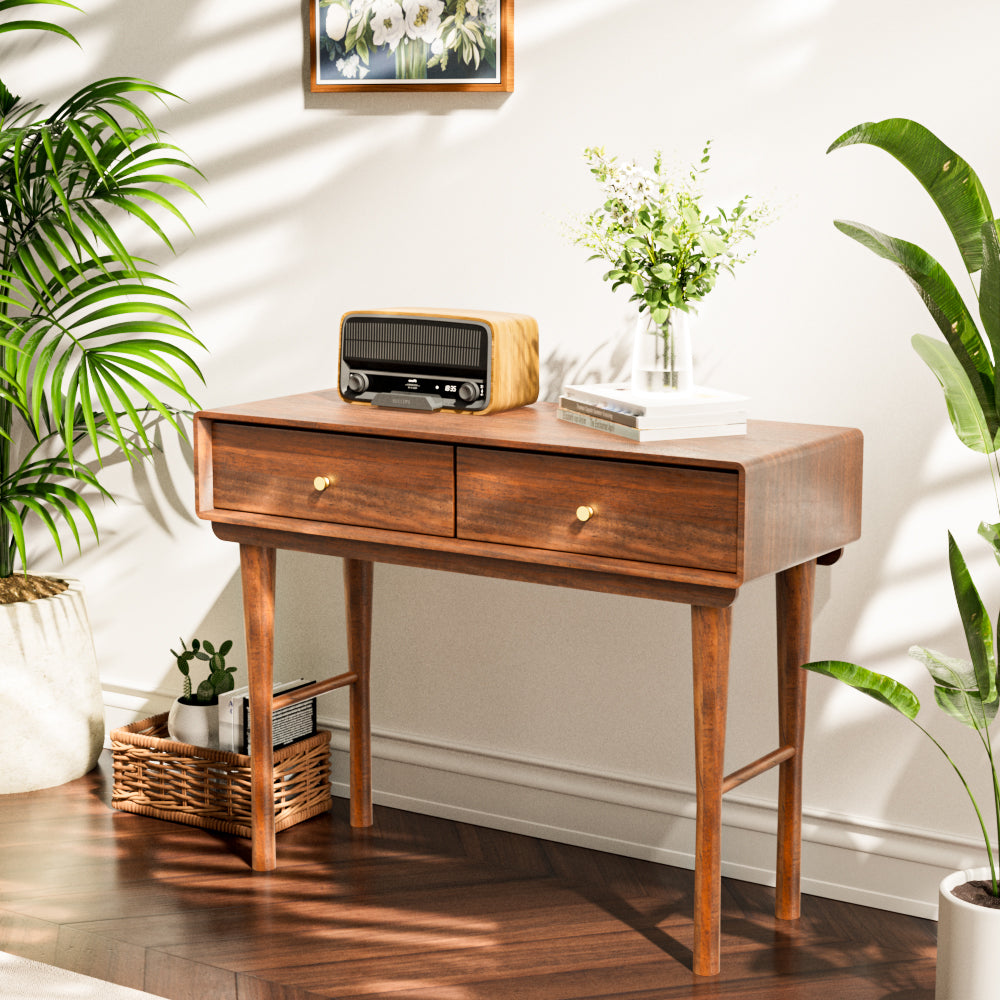 46.8″ Wood Grain Writing Desk with Smooth Rounded Edges Two Drawers for Storage Modern Minimalist Design