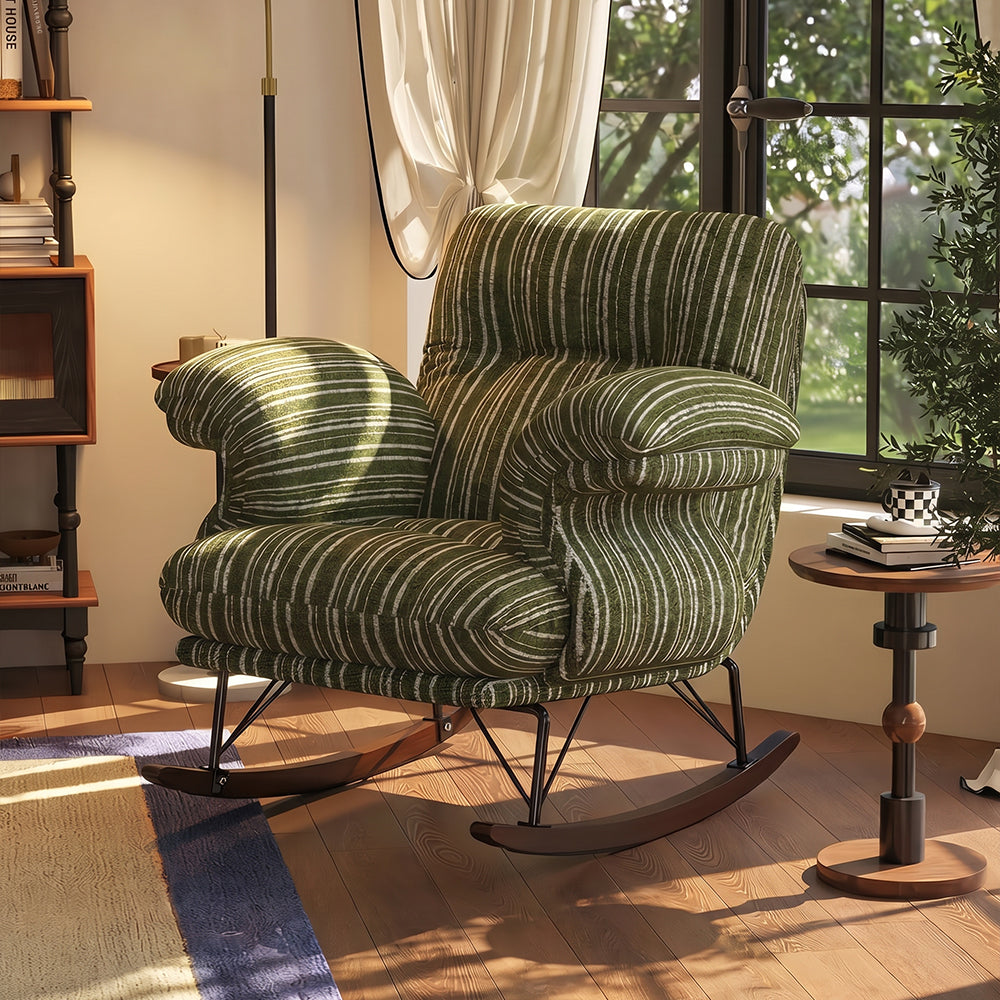 Modern Rocking Lounge Chair Striped Upholstery Accent Chair Curved Armrest Relax Chair