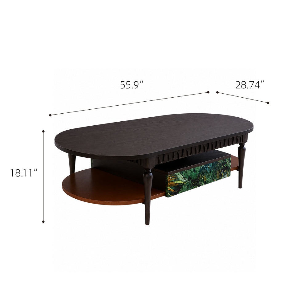 55.9" Norwegian Jungle Print Arched Carved Oval Coffee Table With Drawer