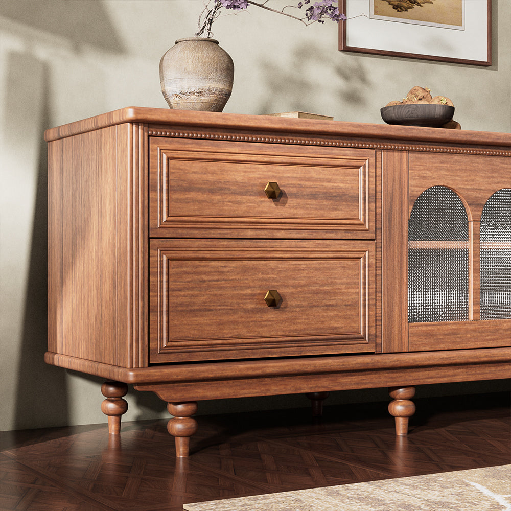 78'' Neo-Chinese Style TV Cabinet Solid Wood Drawers Arch Glass Doors Elevated Storage Base