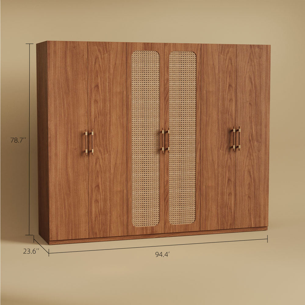 78"H Walnut Rattan Six-Door Wardrobe Modern Natural Fusion Design