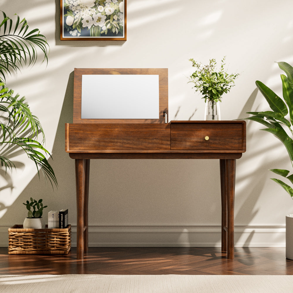 39''Walnut Dressing Table Folding Mirror Design Practical Storage Space