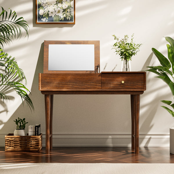 39''Walnut Dressing Table Folding Mirror Design Practical Storage Spa –  Arrtle-Where Art Lives
