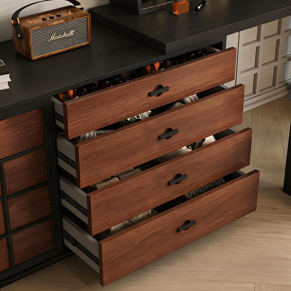 Modern Japandi Vanity Desk with Storage Cabinet Walnut Finish Makeup Table with Drawers Black Frame with Stool