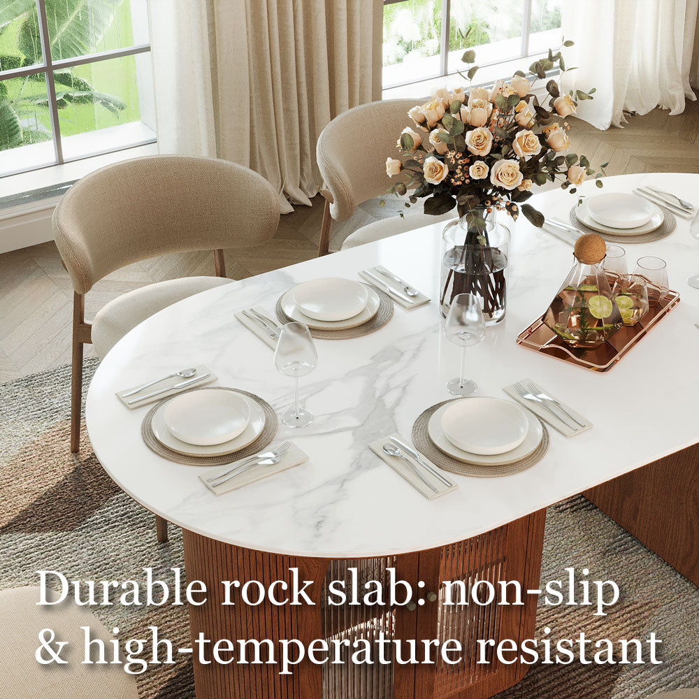 70"/78"Modern Dining Table with Stone Top & Storage Cabinet Scratch-Resistant Surface Double-Door Design and Solid Wood Legs