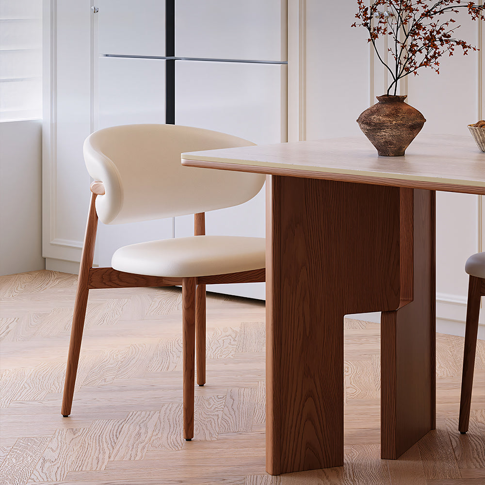 Mid Century Sintered Stone Top Dining Table With Geometric Wooden Legs