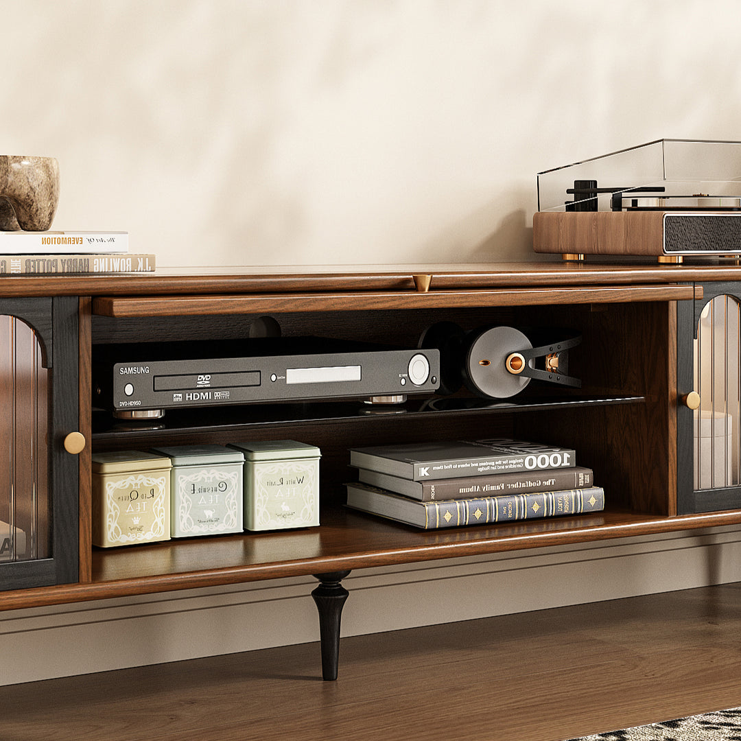 78.74" Mid-Century Walnut TV Stand Arched Glass Doors Vintage Storage Cabinet Retro Wood Finish