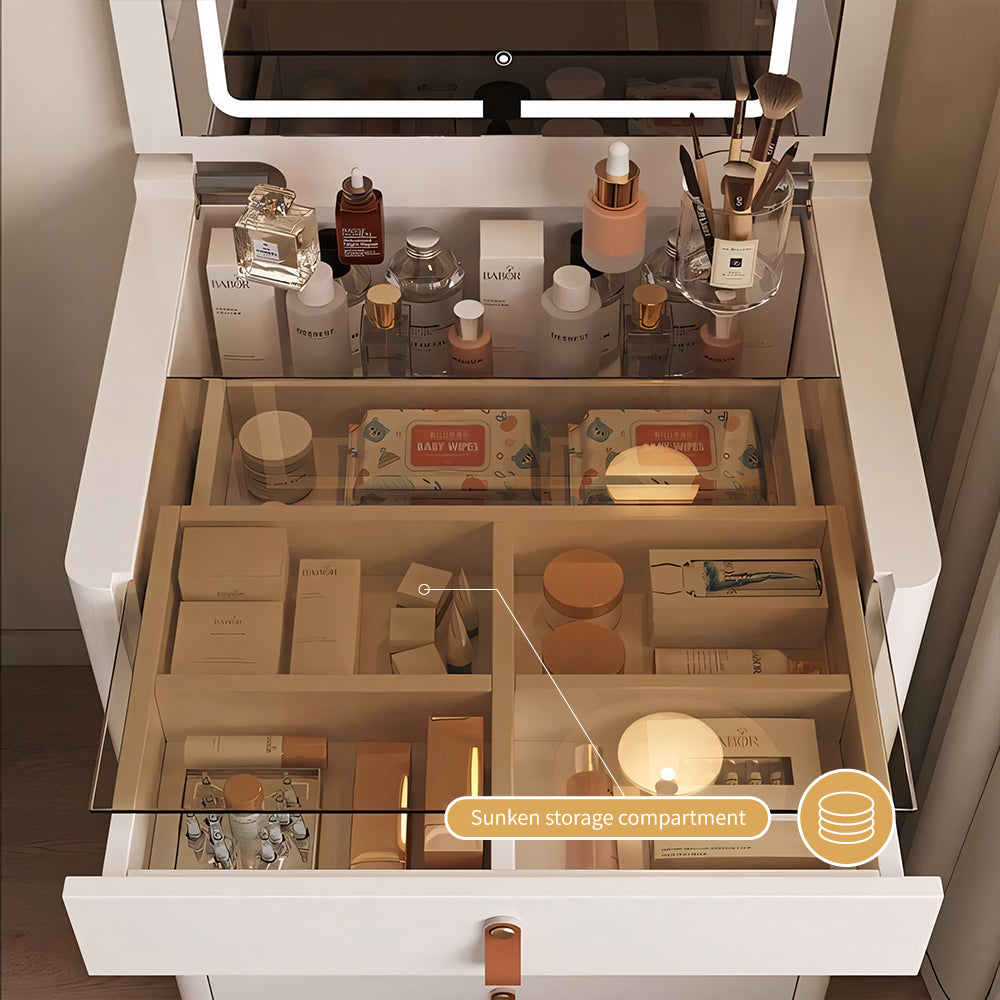 Functional Makeup Vanity Built-in Mirror Organized Storage Drawers Rolling Stool