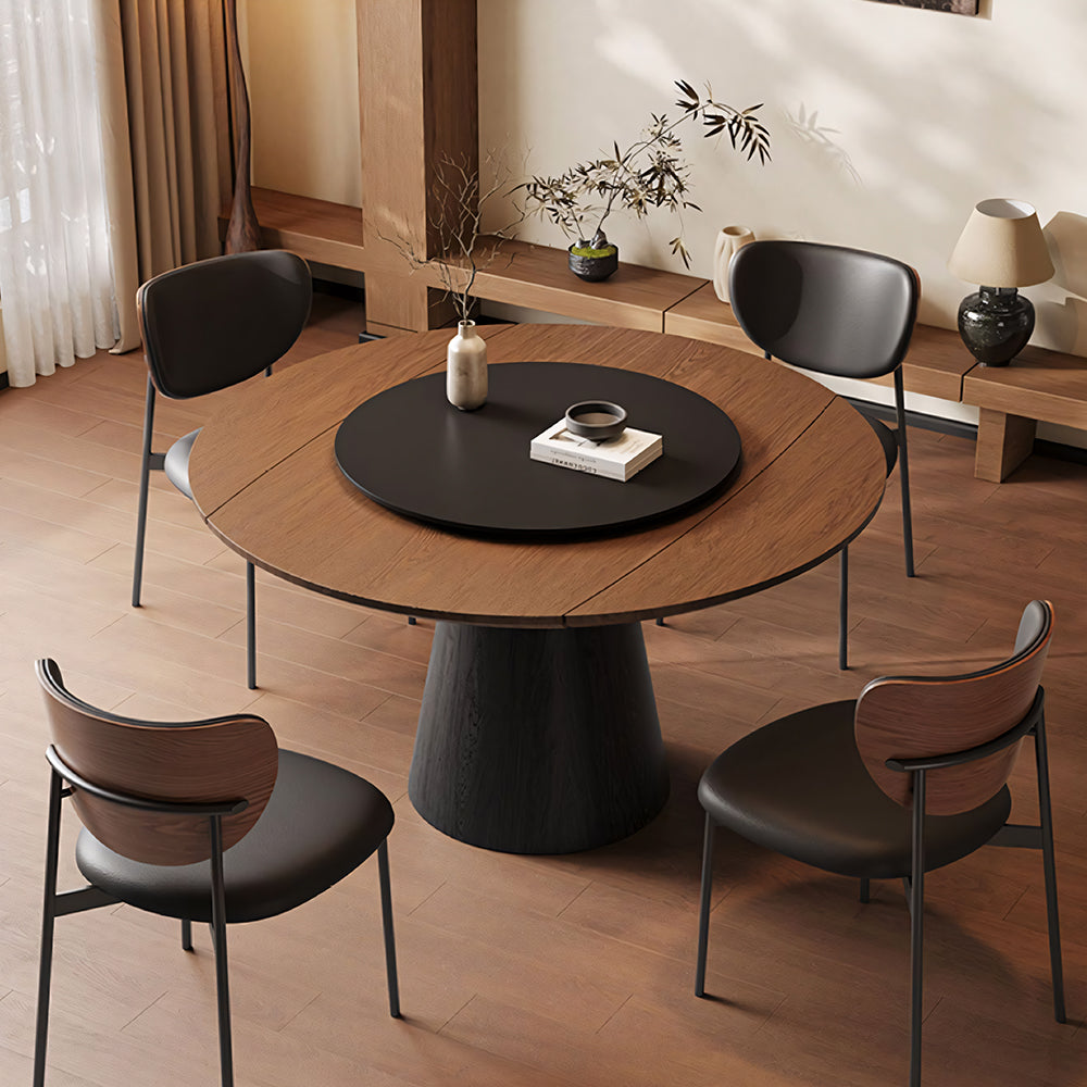 59" Modern Round Dining Table with Rotating Lazy Susan Walnut Veneer Top Pedestal Base Dining Table