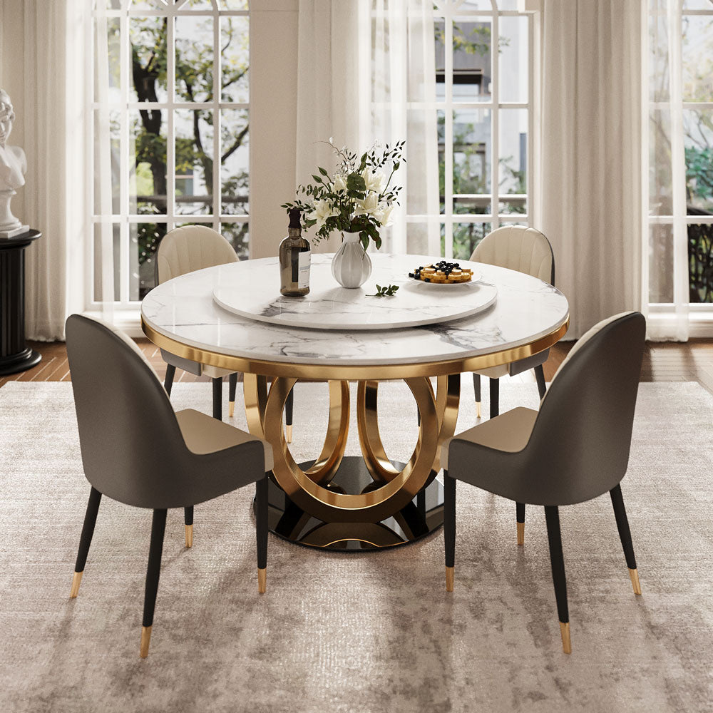 Round Dining Table Lazy Susan Marble Effect Ring Base Gold Accents Perfect for 4-6 People
