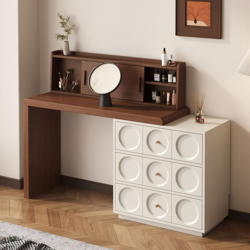 Modern 6-Drawer Dresser with Sculpted Front Panels & Walnut Vanity Top Minimalist Makeup Vanity Storage Cabinet