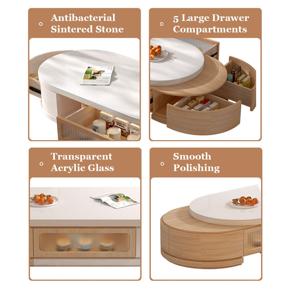 Modern Natural Wood & White Extendable Oval Coffee Table with Stone Top and Hidden